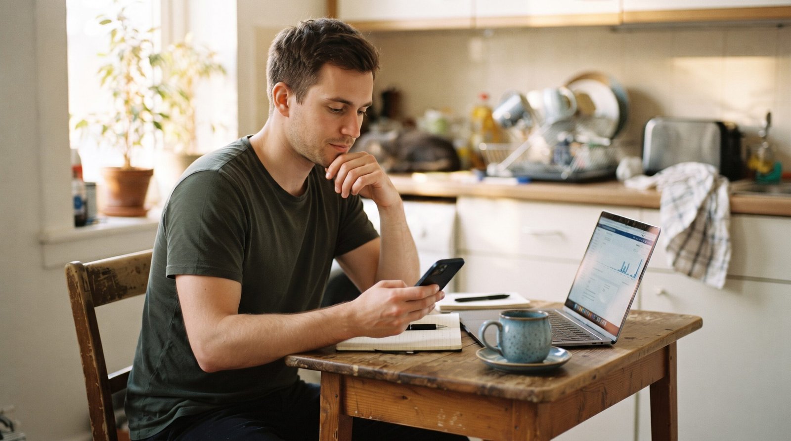 Credit Builder Loans: How They Work and Who They're For 2 A man in his late twenties at his kitchen table checking a monthly loan payment on his phone beside an open laptop