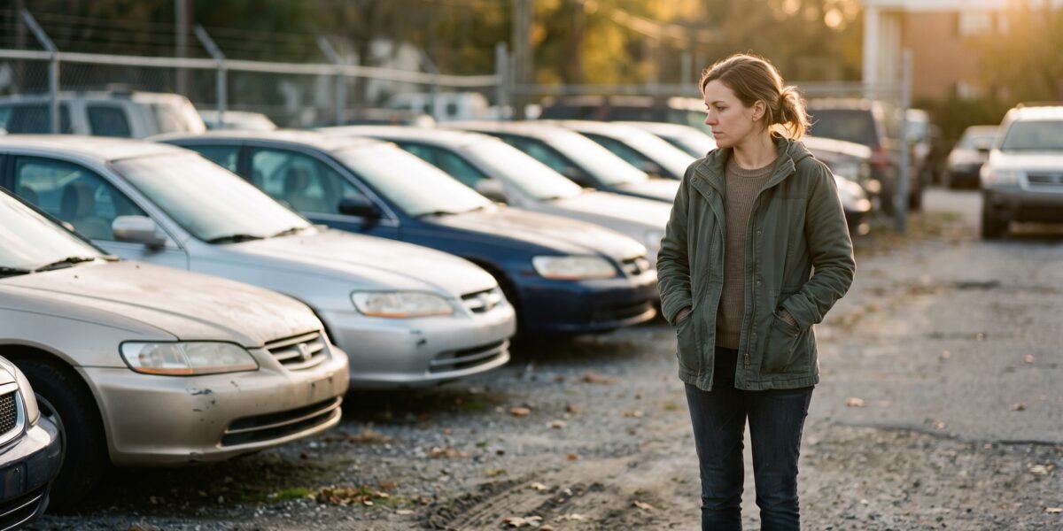 A woman standing on a used car lot in late afternoon light, considering a row of parked sedans
