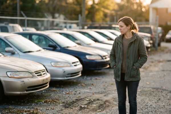 A woman standing on a used car lot in late afternoon light, considering a row of parked sedans