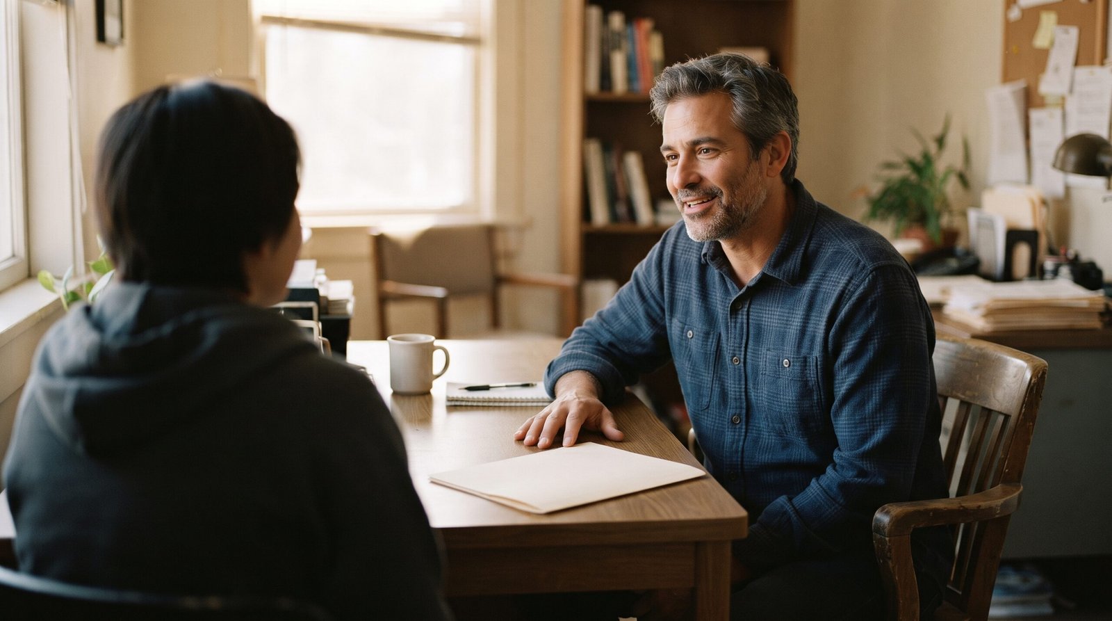 What Credit Score Do You Need for a Car Loan? 3 A man talking through financing options across a desk in a modest office with natural window light