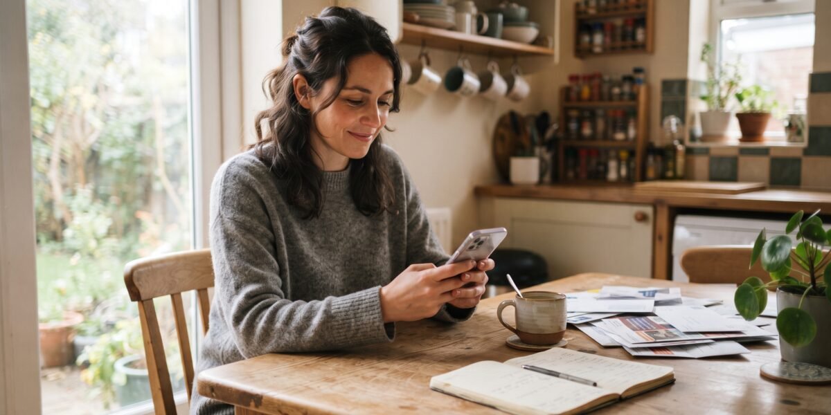 A woman at her kitchen table checking her credit score on her phone with a mug of coffee beside her
