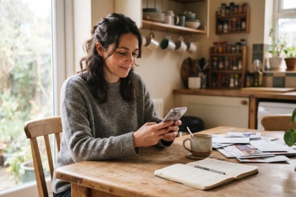 A woman at her kitchen table checking her credit score on her phone with a mug of coffee beside her