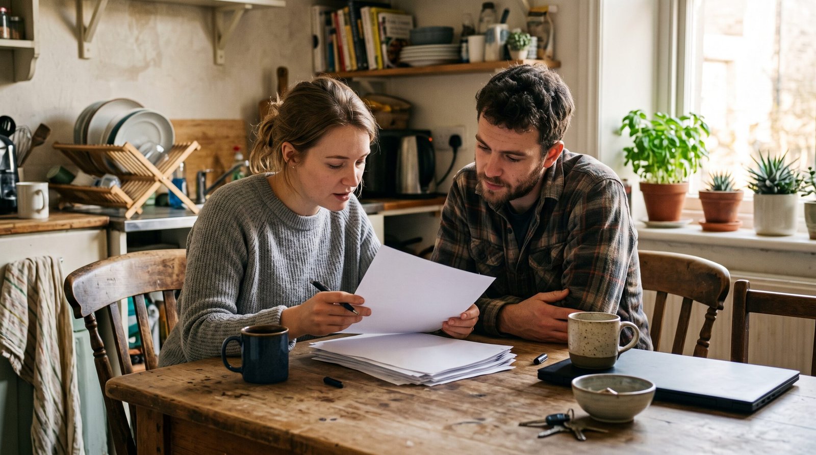What Credit Score Do You Need for a Car Loan? 2 A couple at their kitchen table reviewing auto loan paperwork together with coffee and a laptop