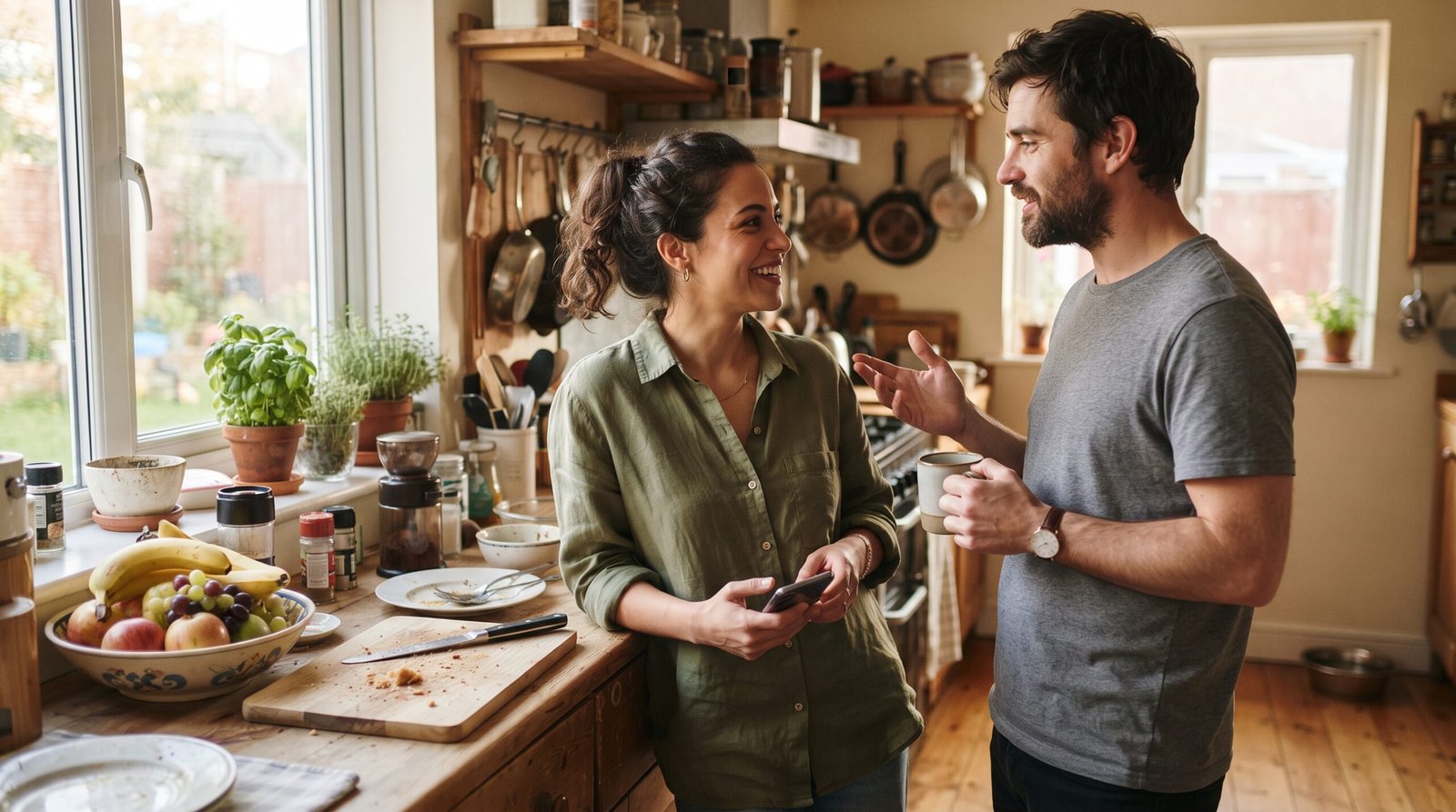 What Is the Highest Credit Score You Can Get? 3 A relaxed couple talking at their kitchen counter, unbothered about chasing a perfect credit score