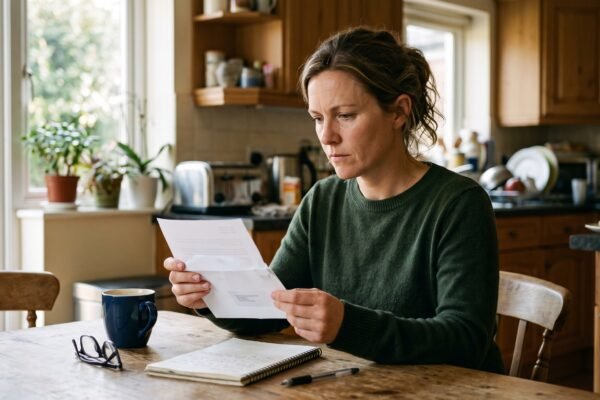 A woman at her kitchen table reading an official letter about student loan wage garnishment, looking resolute