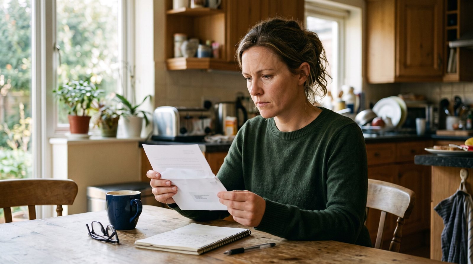 Student Loan Wage Garnishment: How to Stop It 2 A woman at her kitchen table reading an official letter about student loan wage garnishment, looking resolute