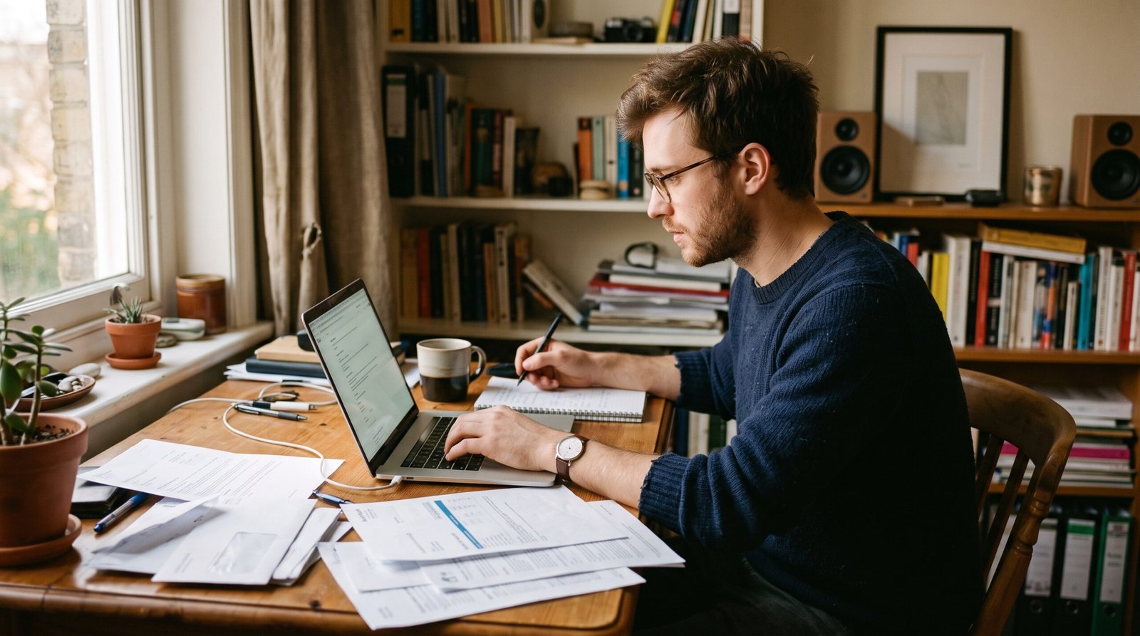 Student Loan Consolidation: When It Helps and When It Hurts 2 A man at a home desk comparing federal student loan repayment options on a laptop with statements spread around him