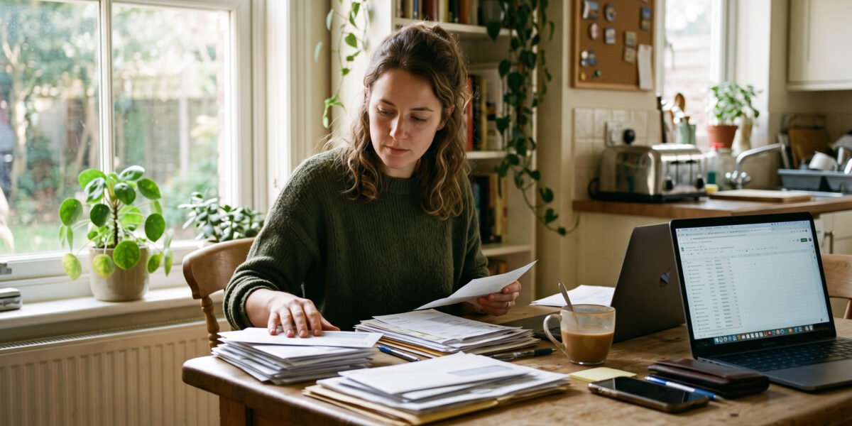 Student Loan Consolidation: When It Helps and When It Hurts 2 A woman at her kitchen table sorting through stacks of student loan statements beside an open laptop