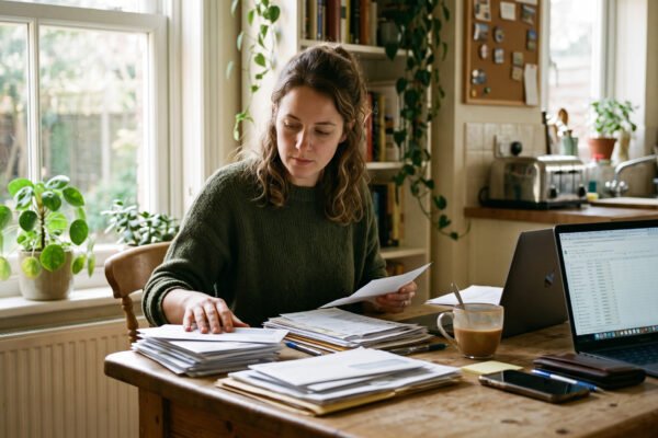 A woman at her kitchen table sorting through stacks of student loan statements beside an open laptop