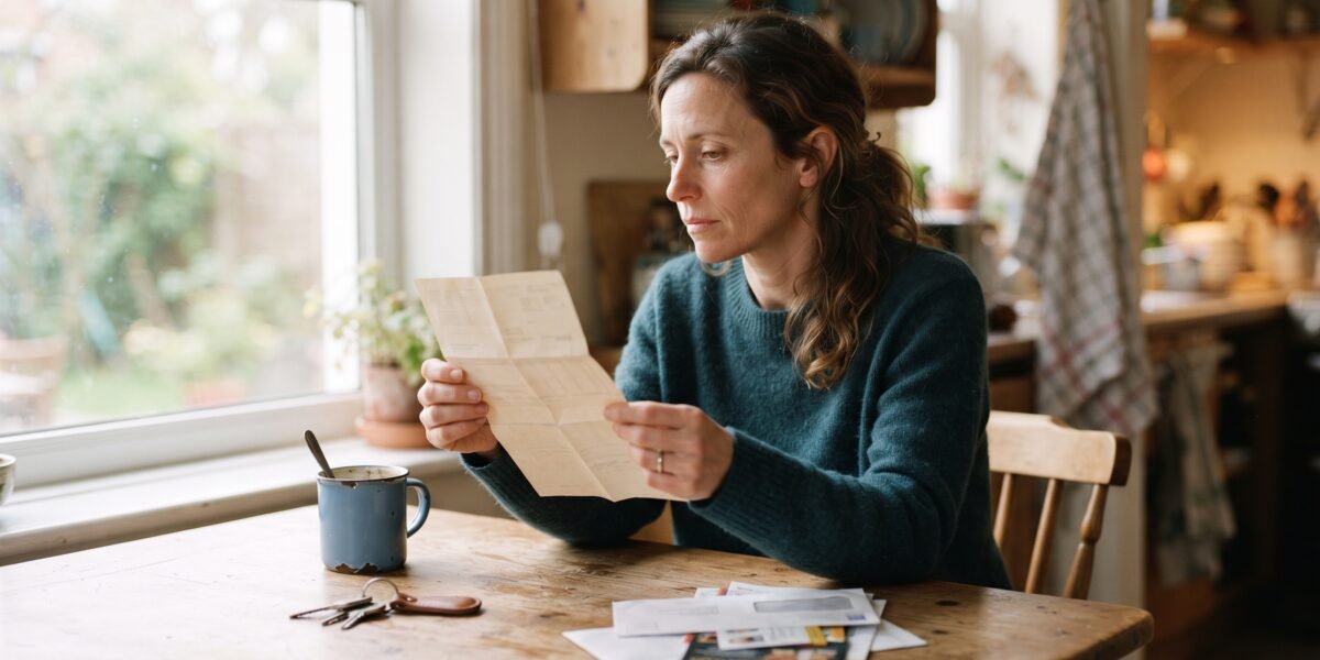 A woman at her kitchen table studying a paper payslip, trying to work out her gross and net income