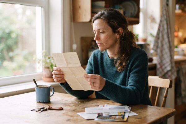 A woman at her kitchen table studying a paper payslip, trying to work out her gross and net income