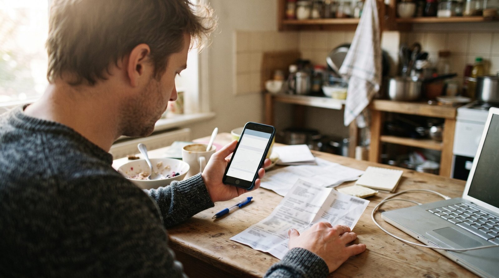 A man comparing a printed pay stub on the table with his banking app on his phone to find his net pay