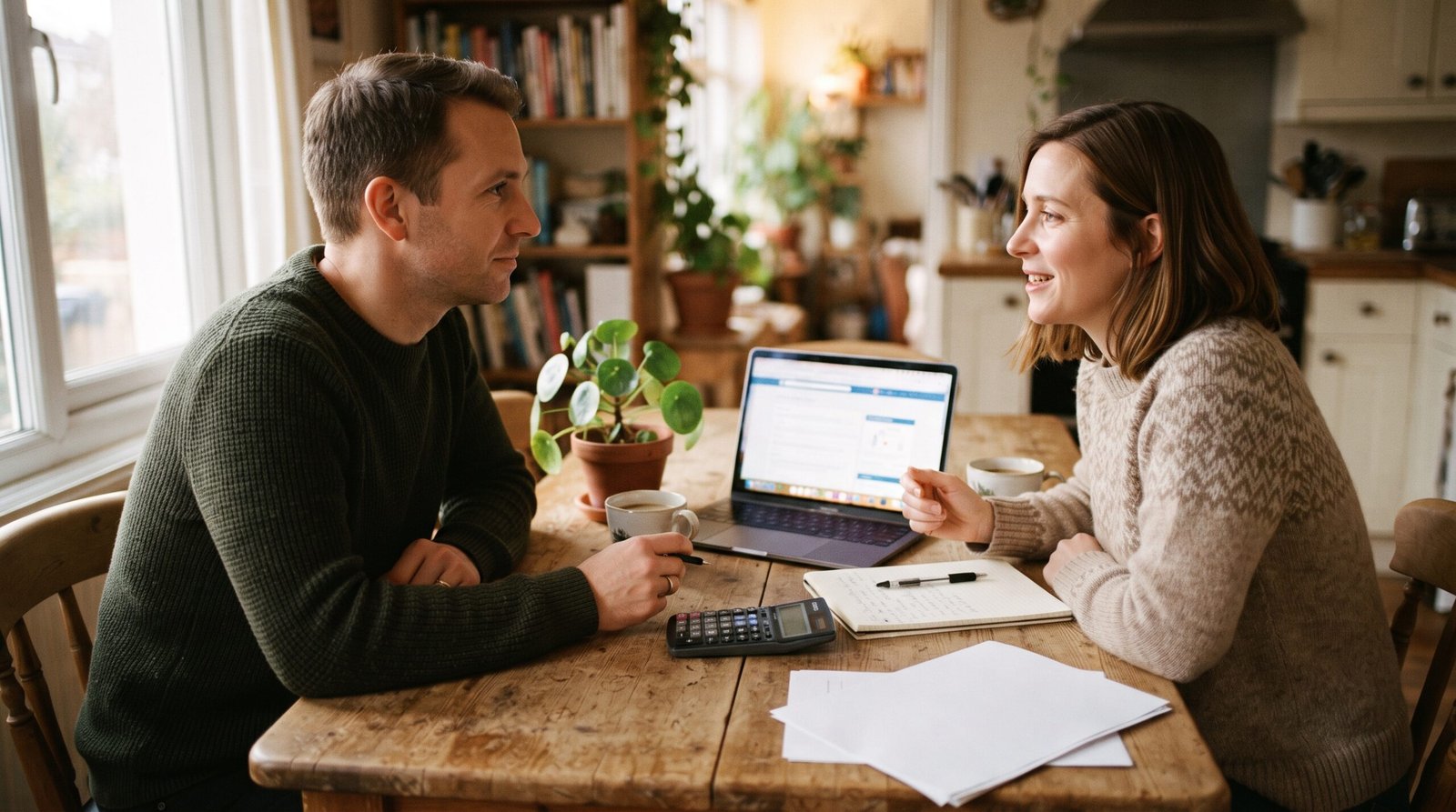 A couple at their kitchen table with a laptop and calculator working out which income number a rental application wants