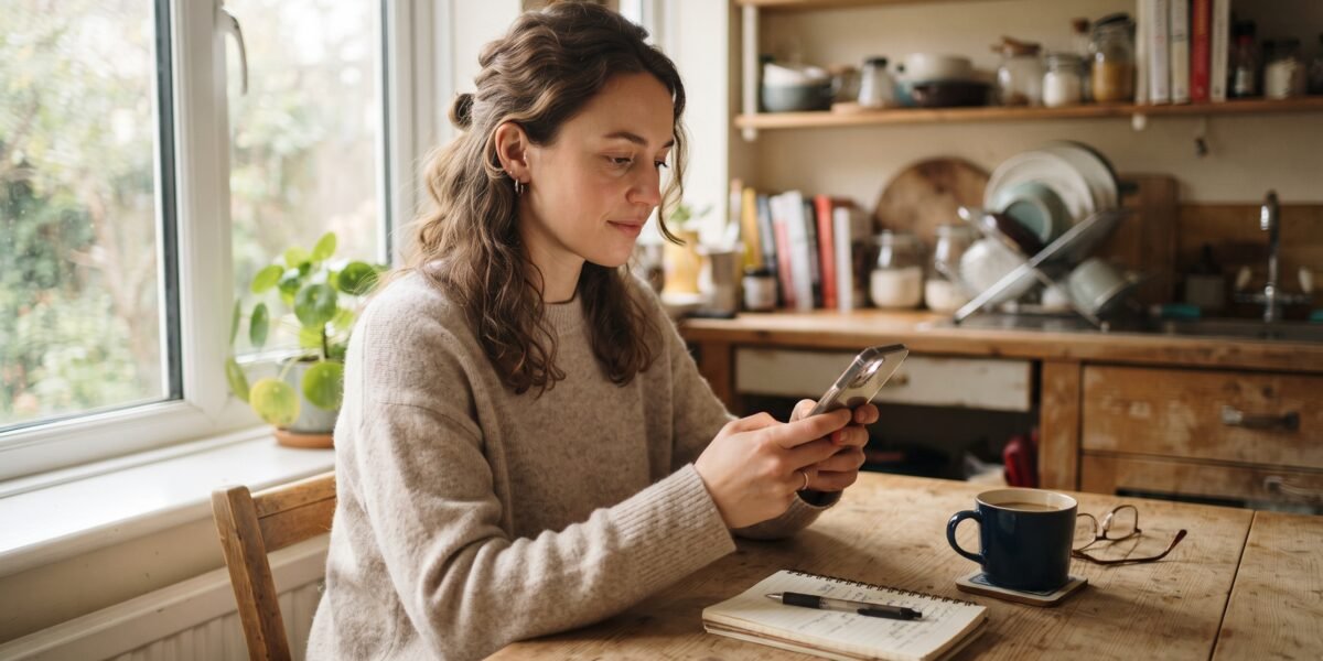 A woman at her kitchen table with coffee, checking her bank balance on her phone beside a notebook