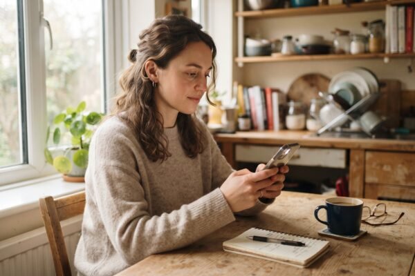 A woman at her kitchen table with coffee, checking her bank balance on her phone beside a notebook
