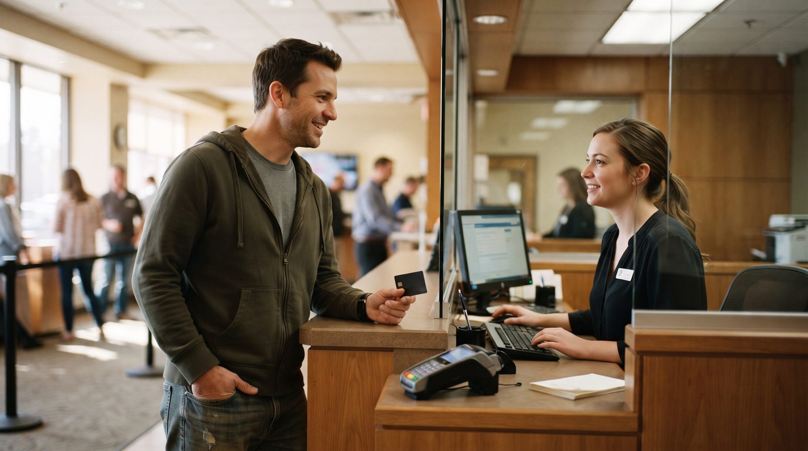 Checking vs. Savings Account: Which Do You Need? 2 A man holding a debit card while talking with an employee at a bank counter