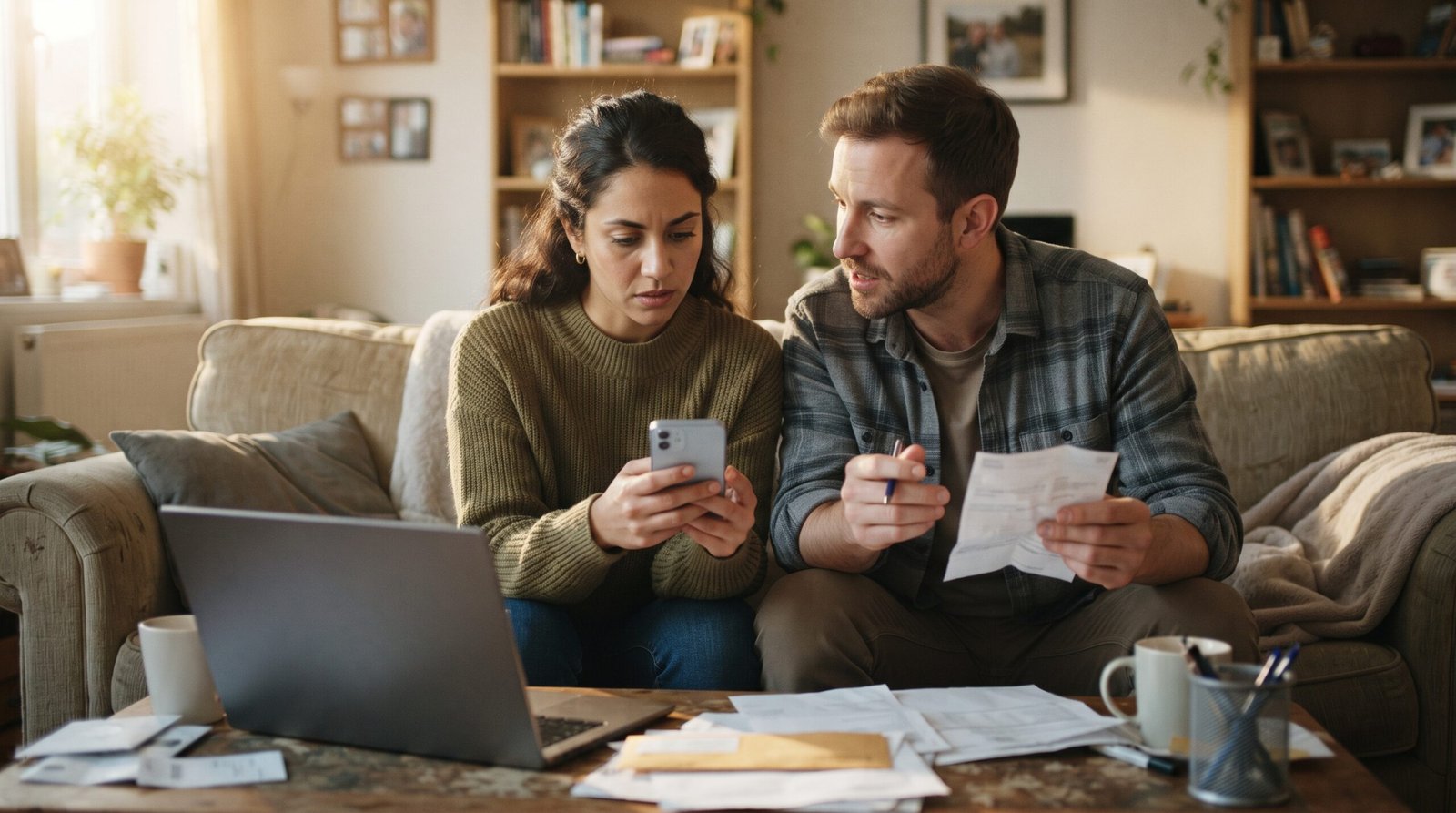 Checking vs. Savings Account: Which Do You Need? 3 A couple on their living room couch reviewing a bill together with a banking app open on a phone