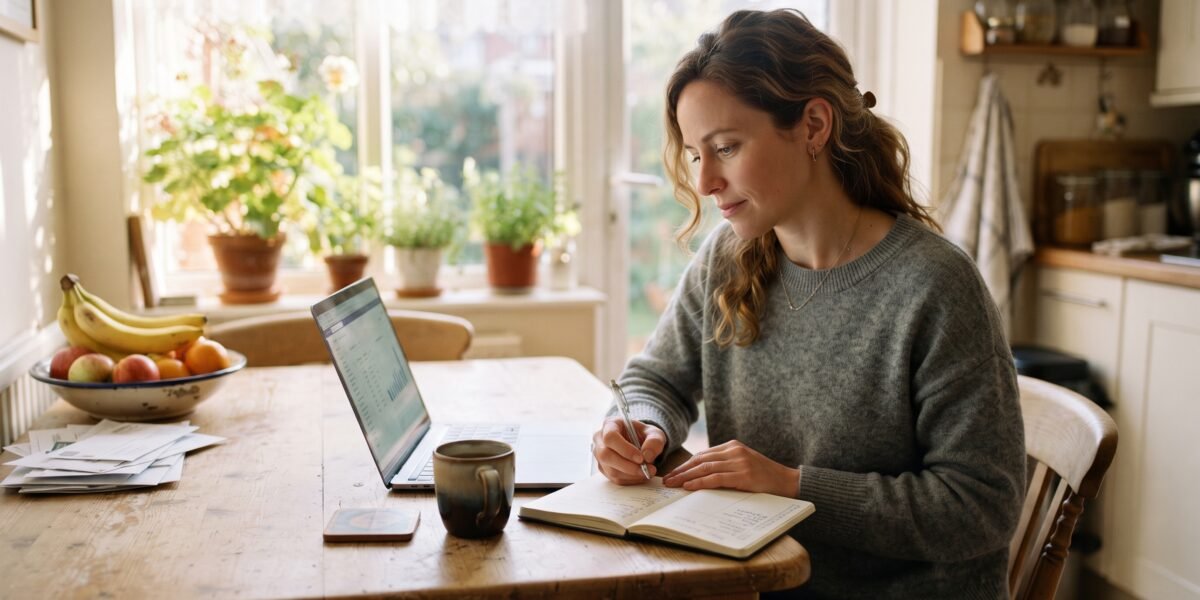 A woman at her kitchen table with a laptop and coffee, calmly comparing savings account options in a notebook