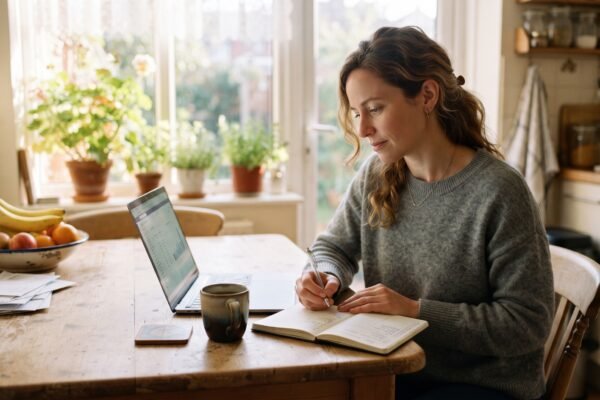 A woman at her kitchen table with a laptop and coffee, calmly comparing savings account options in a notebook