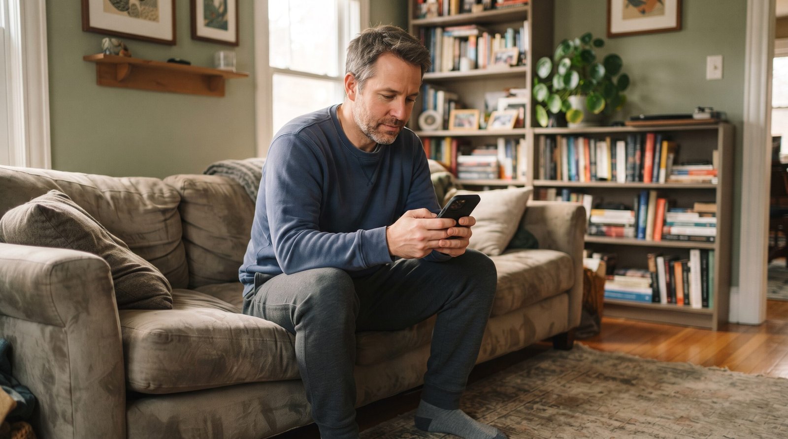 Where to Keep Your Emergency Fund: High-Yield Savings Explained 2 A man on his living room sofa quietly transferring money between accounts on his smartphone