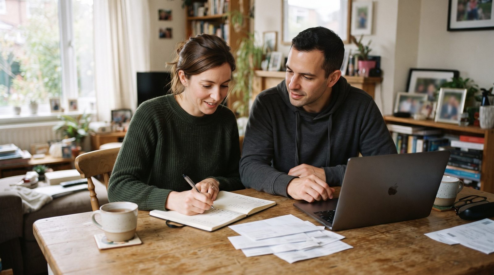 Where to Keep Your Emergency Fund: High-Yield Savings Explained 3 A couple at their dining table reviewing household accounts together with a notebook and two mugs of coffee