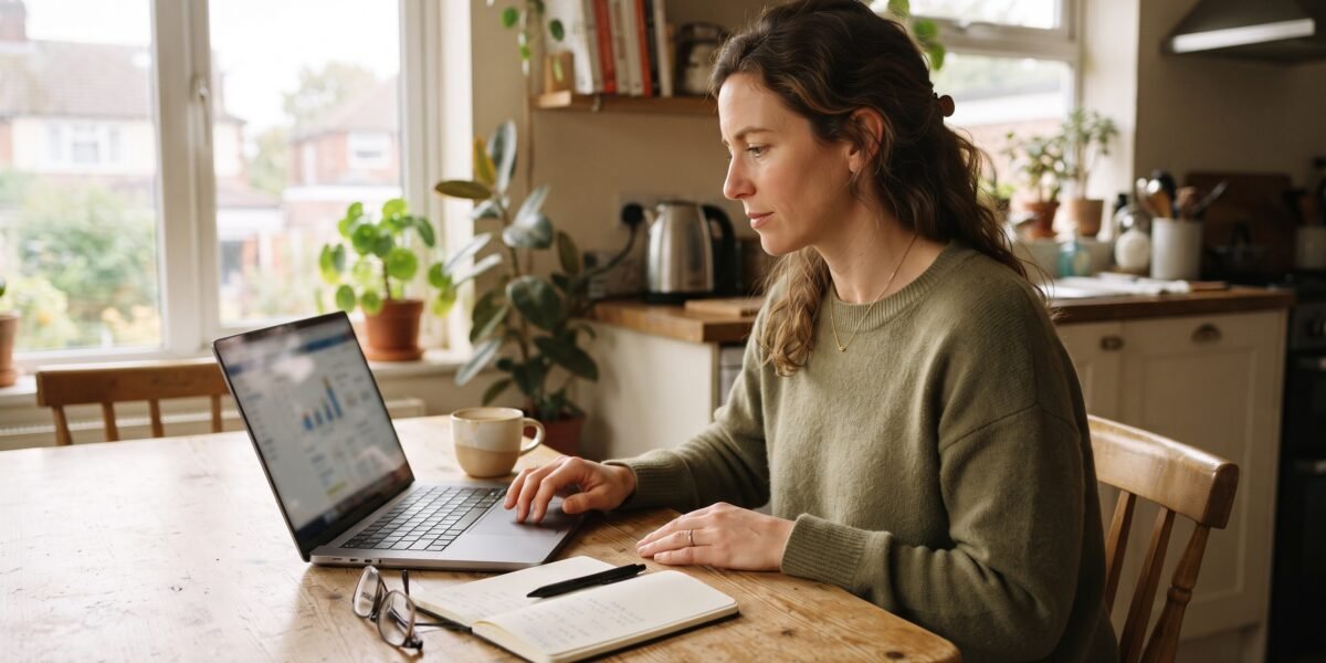 A woman at her kitchen table on a Sunday morning working through her monthly budget on a laptop with coffee and a notebook