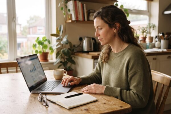 A woman at her kitchen table on a Sunday morning working through her monthly budget on a laptop with coffee and a notebook