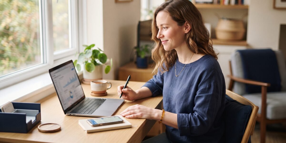 A woman in her early thirties at a tidy desk with a laptop and phone, calmly reviewing her personal finances and looking hopeful
