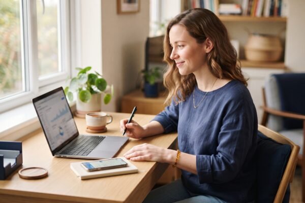 A woman in her early thirties at a tidy desk with a laptop and phone, calmly reviewing her personal finances and looking hopeful