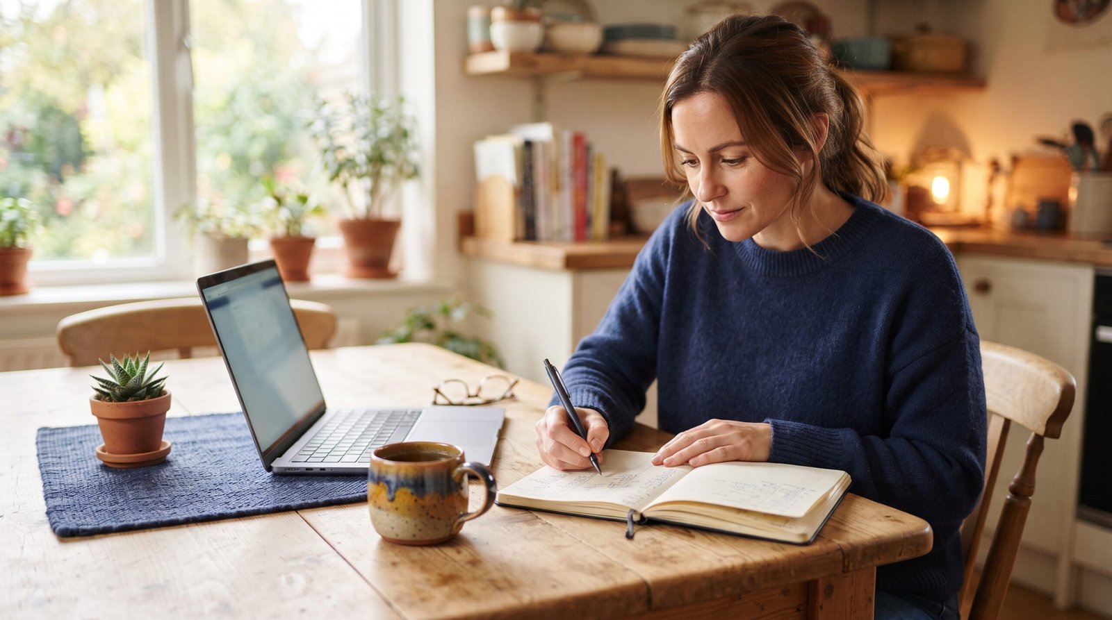 Credit Utilization Ratio: What It Is and How to Lower It 2 A woman at a kitchen table with a laptop and notebook, working out her credit card balances and limits by hand