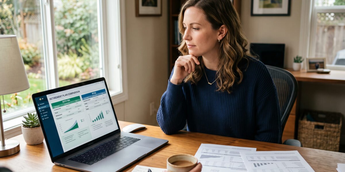 A woman at a home office desk comparing a Roth IRA and 401k retirement plan on a laptop, with printed account statements nearby