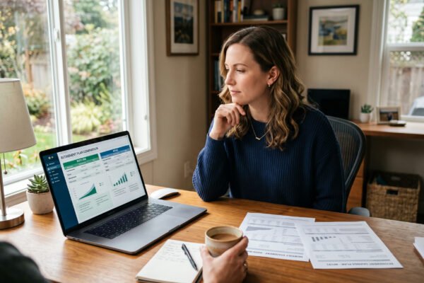 A woman at a home office desk comparing a Roth IRA and 401k retirement plan on a laptop, with printed account statements nearby