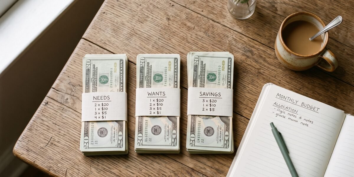 Cash divided into three piles representing the needs, wants, and savings split