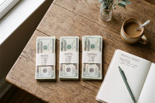 Cash divided into three piles representing the needs, wants, and savings split
