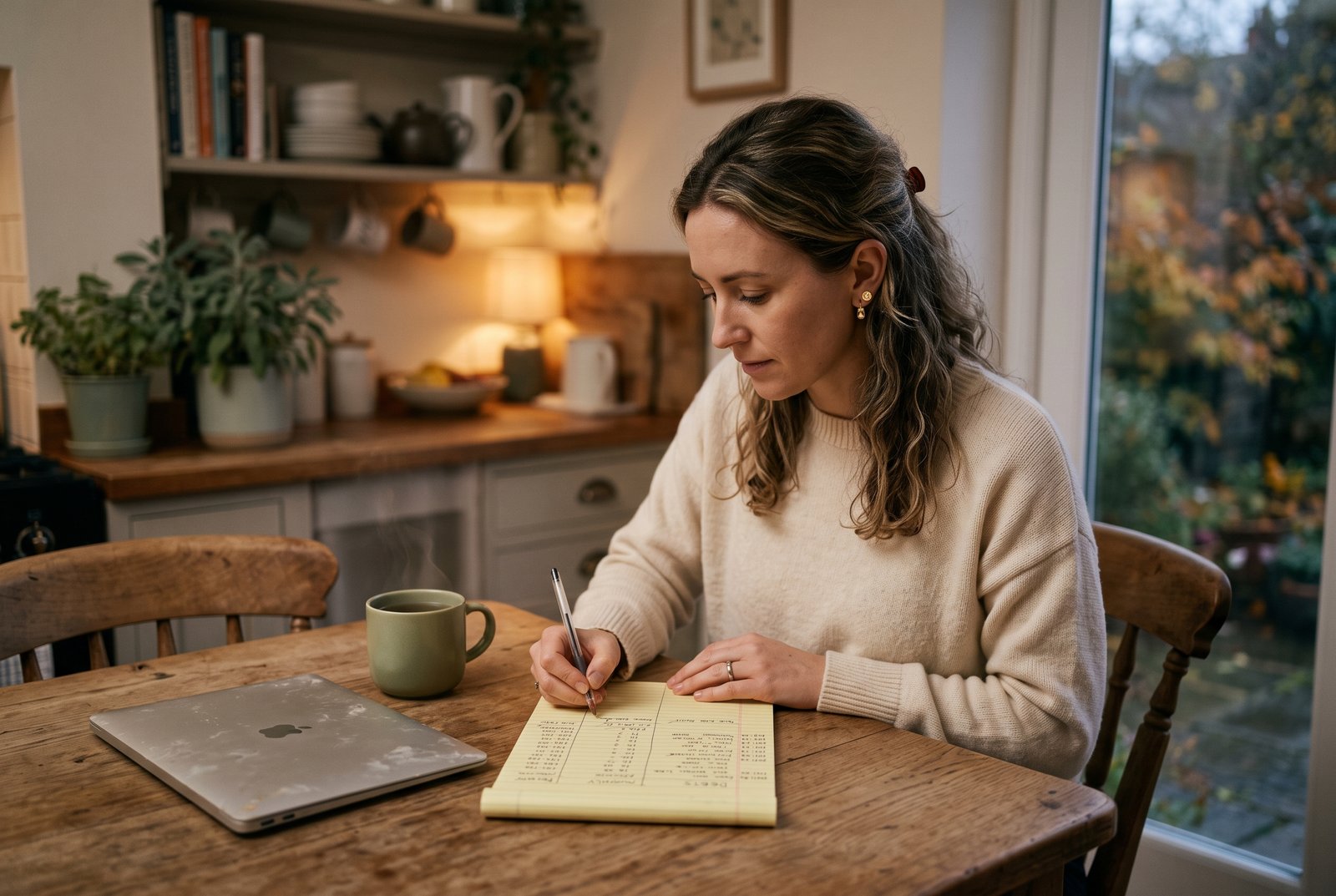 A woman writing out a handwritten list of her debts at her kitchen table in the evening