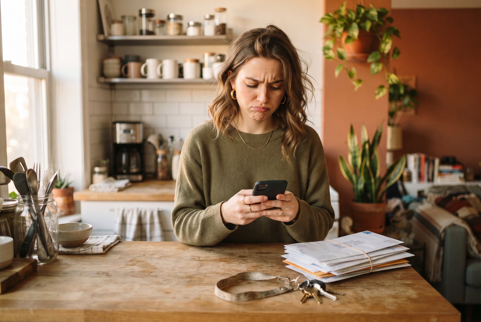 A young woman at her kitchen counter checking her credit score on her phone beside a stack of unopened mail