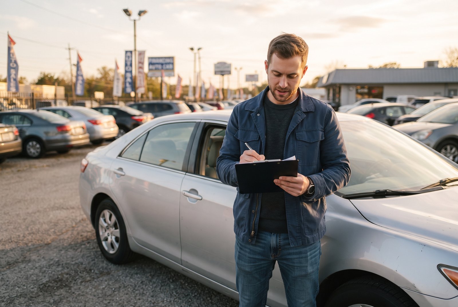 Hard Inquiry vs. Soft Inquiry: What Checking Your Credit Actually Does 3 A man standing beside a used sedan on a dealership lot, reading loan paperwork before he signs