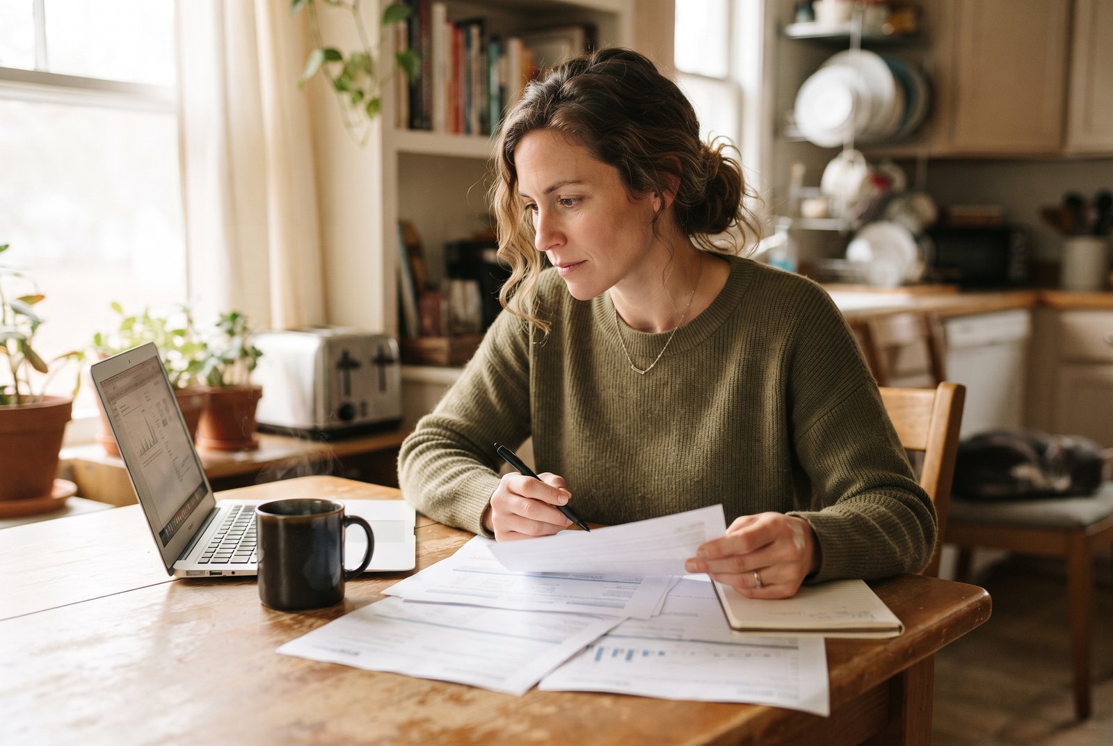 Hard Inquiry vs. Soft Inquiry: What Checking Your Credit Actually Does 2 A woman at her kitchen table comparing printed mortgage quotes from four different lenders on a weekday morning