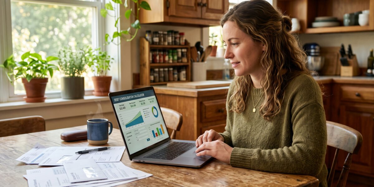 A woman at a kitchen table using a laptop showing a debt consolidation calculator, with bill statements spread out beside her