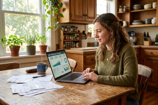 A woman at a kitchen table using a laptop showing a debt consolidation calculator, with bill statements spread out beside her