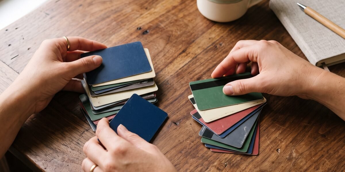 Debt Snowball Calculator: See Your Payoff Date and Order 2 Hands sorting credit cards into groups to plan a debt snowball payoff order