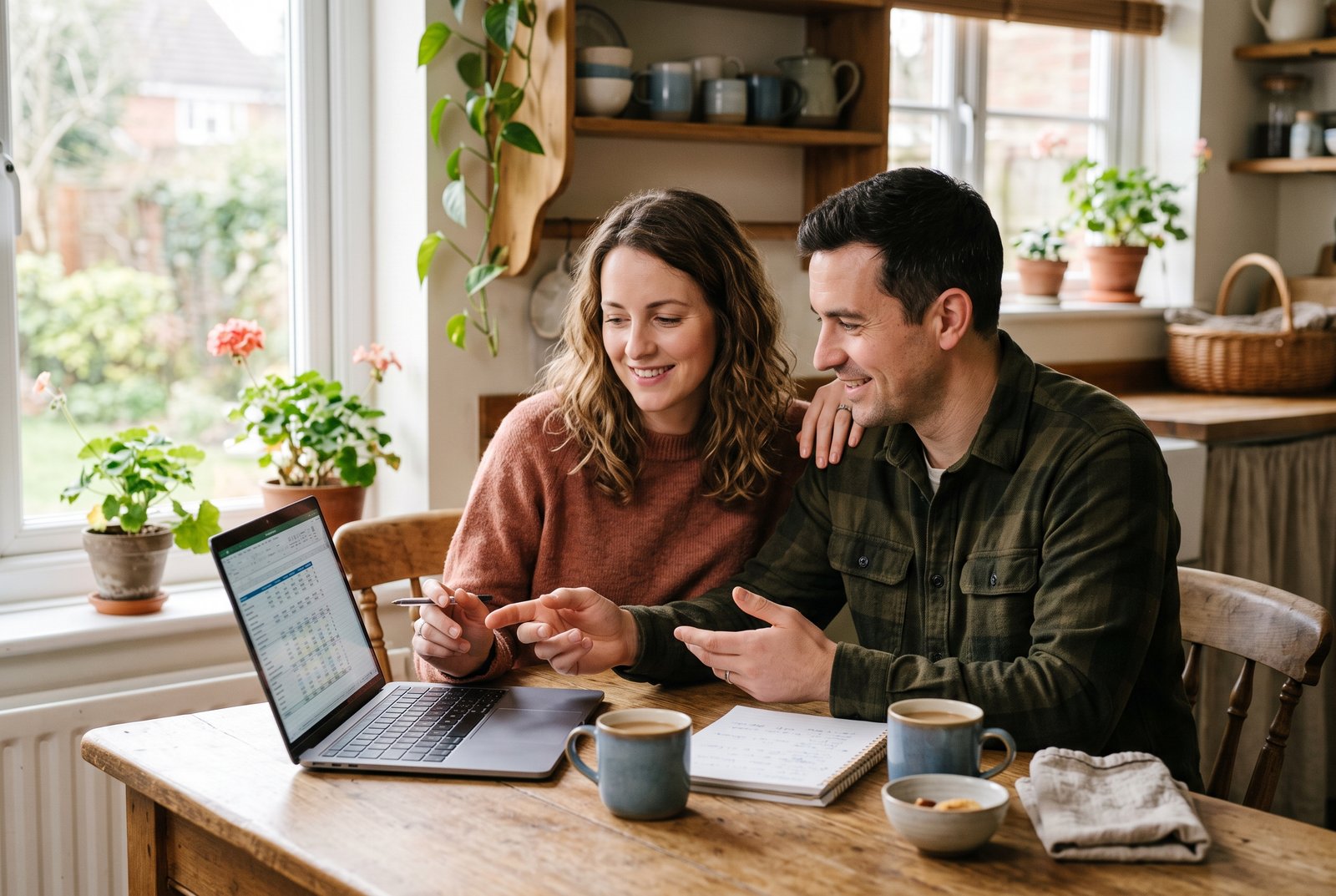 A couple reviewing their monthly budget together on a laptop