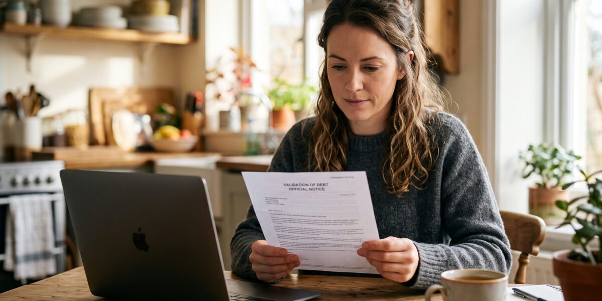 A woman at a kitchen table reading an official debt validation letter, laptop open beside her