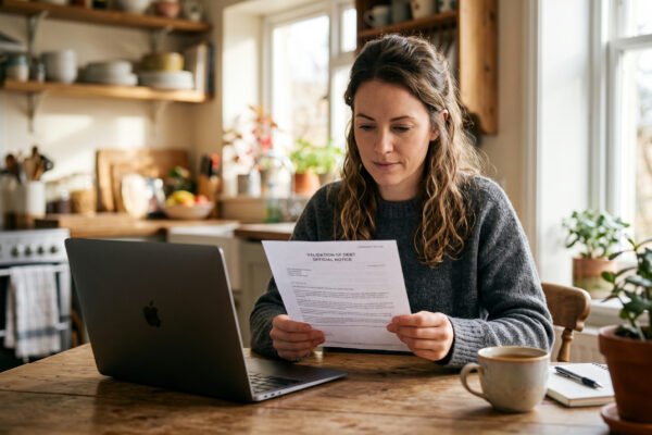 A woman at a kitchen table reading an official debt validation letter, laptop open beside her