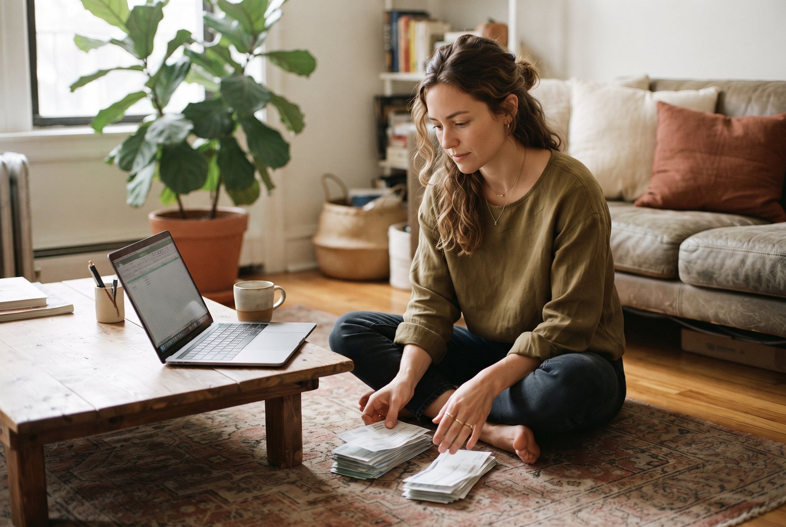 A woman on her apartment floor sorting bills into piles beside an open laptop and coffee