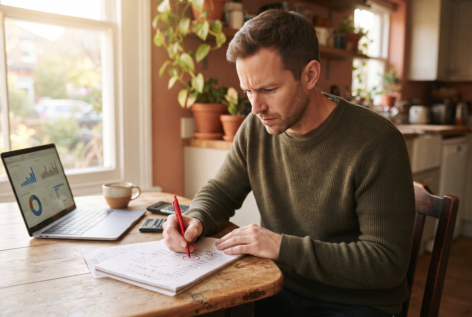 A man circling the highest interest rate on a handwritten list of his debts