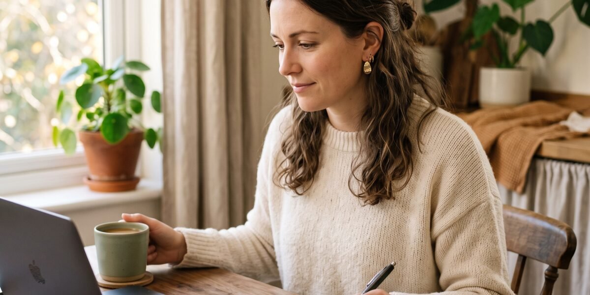 A woman comparing savings account options with a laptop and coffee at her kitchen table