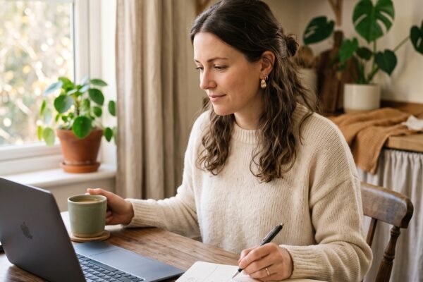 A woman comparing savings account options with a laptop and coffee at her kitchen table