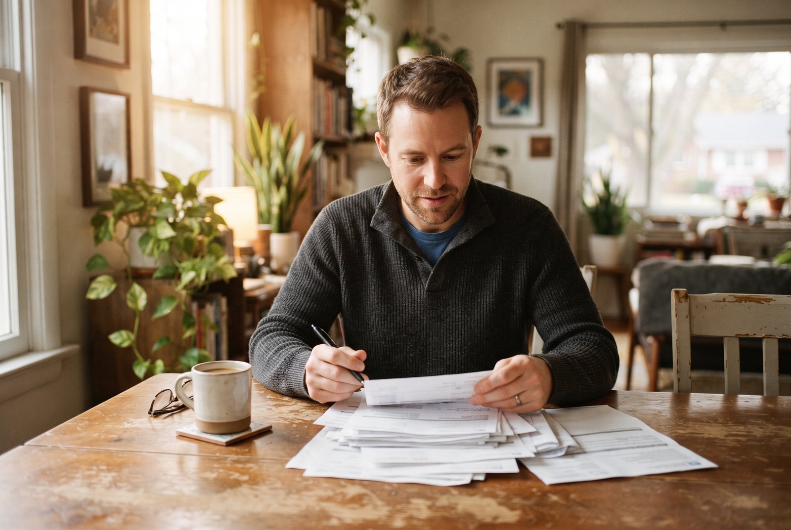 A man in his thirties sorting through bank statements at a dining table on a quiet Sunday morning