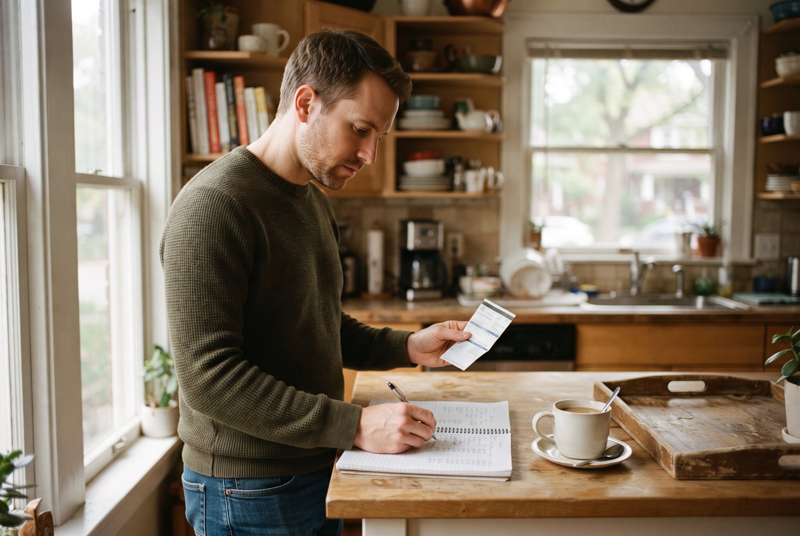 A man at his kitchen counter comparing a credit card statement against handwritten payoff numbers on a notepad